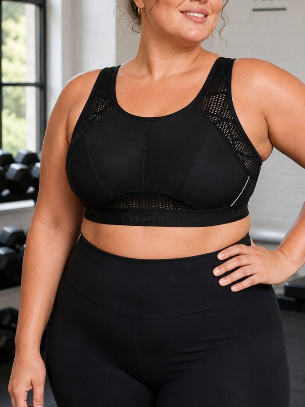 Glamorise No-Sweat Mesh Sports Bra 36G Black High Impact Full Coverage 1068